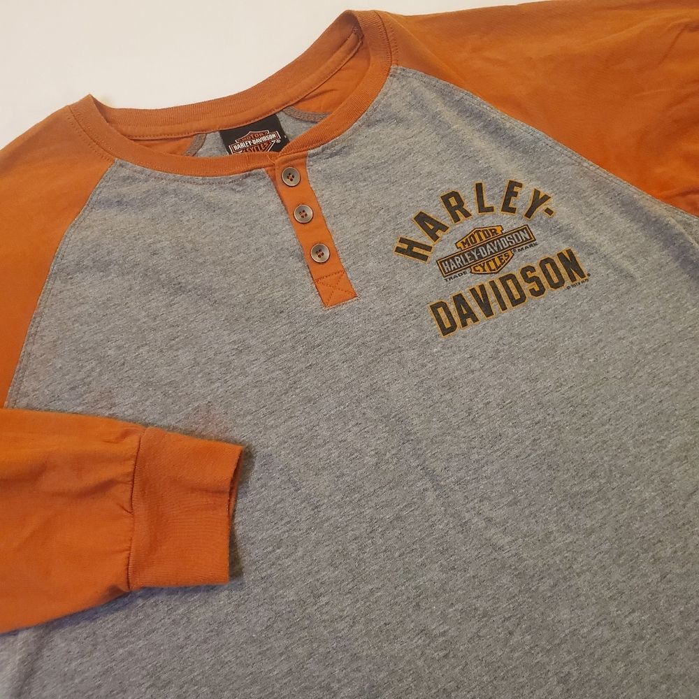 Harley Davidson L/S Henley T-Shirt Gray Orange Black‎ Diamond Marion IL Men's M